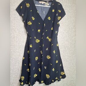 LOFT Navy Yellow Floral Ruffle Dress Size 8 Cottagecore Teadress Sundress